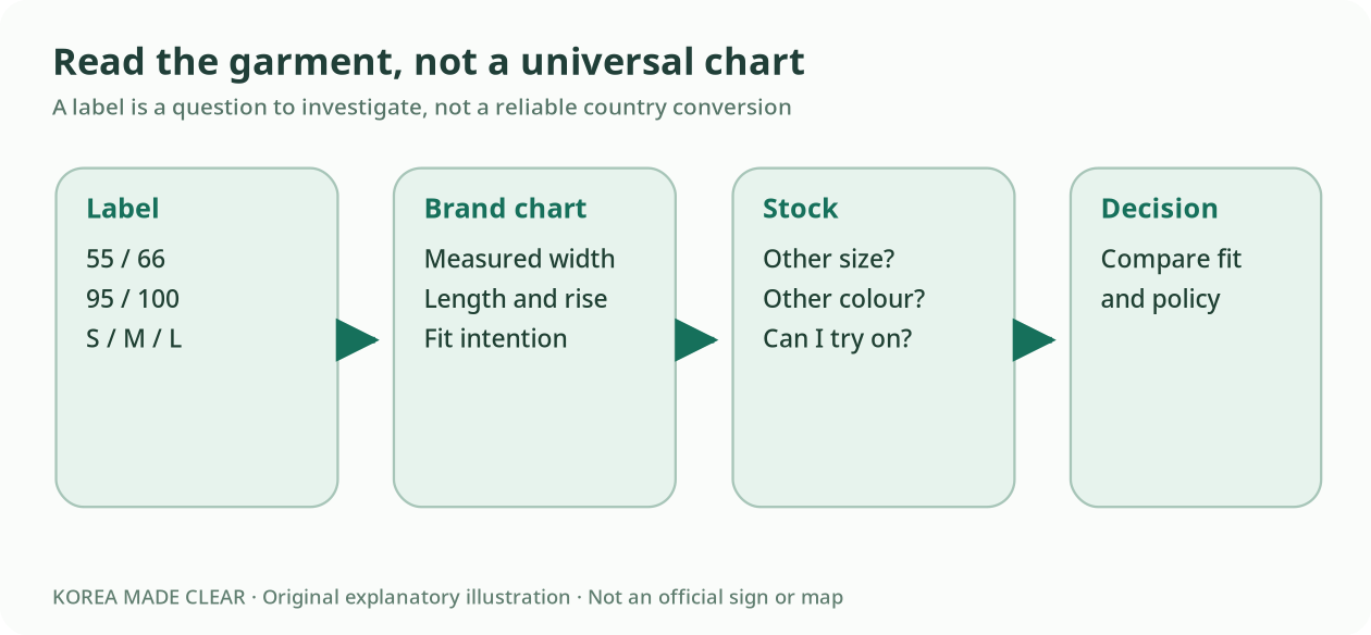 Original size-choice graphic: read actual label, consult store's chart, request neighboring sizes, check cut and fit