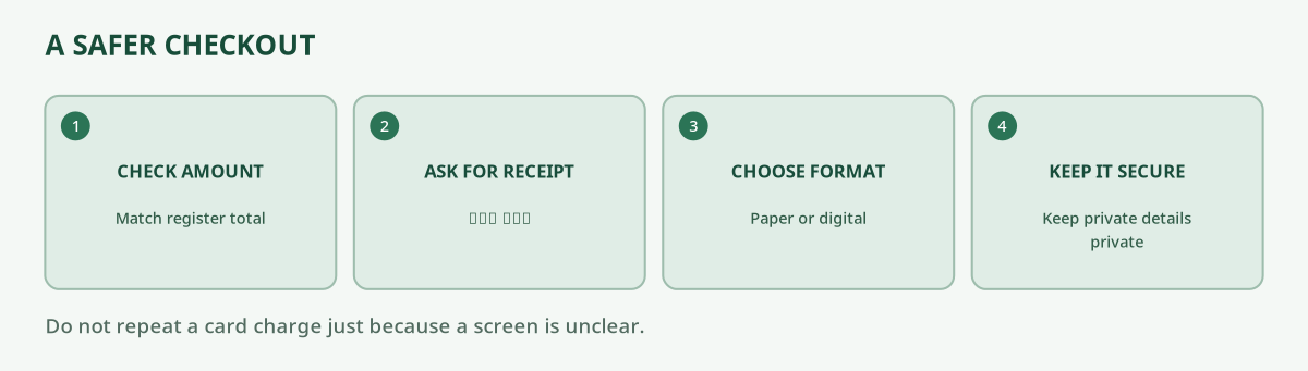 Original checkout decision tree with four steps: confirm amount, request store receipt, choose receipt format if offered, store proof securely