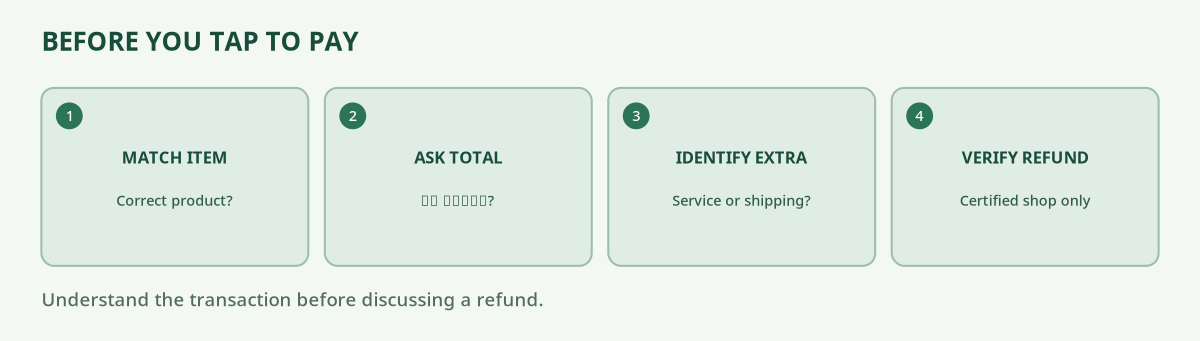 Original four-check decision tree: compare displayed item and total, identify additional fees, check eligible refund programme, keep the right documentation
